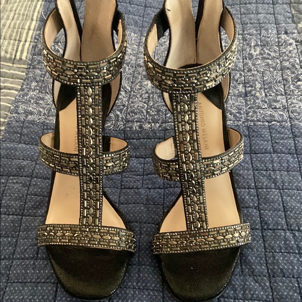 Black Heeled Sandals with Embellishments
